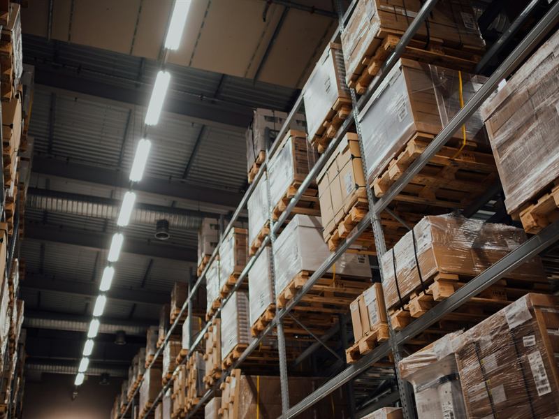 Stocked inventory racks in a warehouse